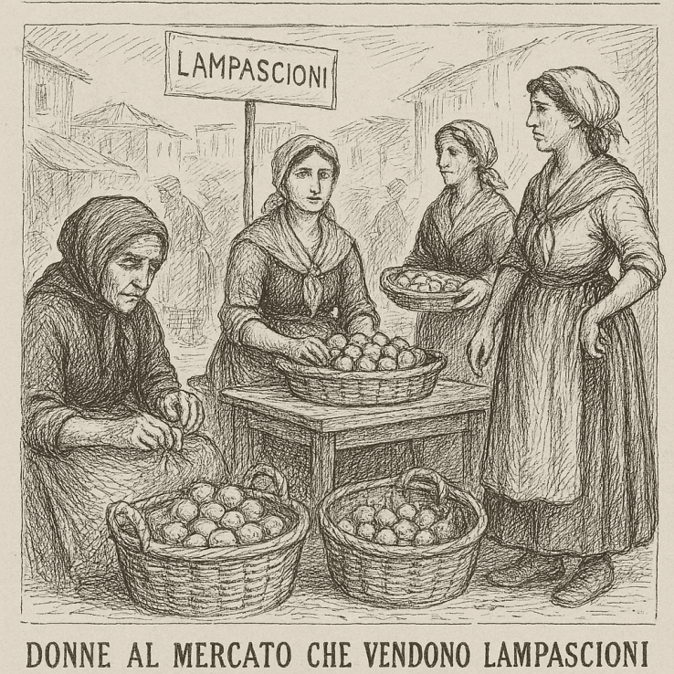 Foto d'epoca. donne al mercato che vendono lampascioni